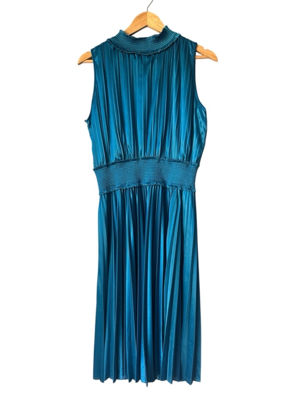 Nanette Lepore Teal Pleated Midi Dress with Smocked Waist, Size 10 - Picture 2 of 10